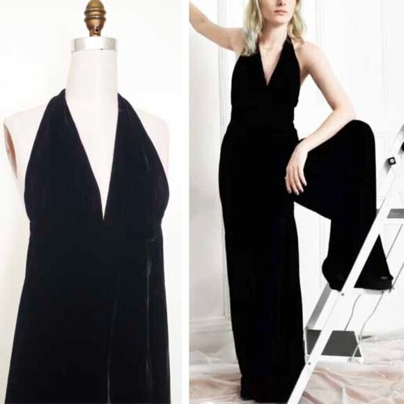 Mindy Malone Womens Rare Vintage 1970s Black Velvet Halter Wide Leg Jumpsuit